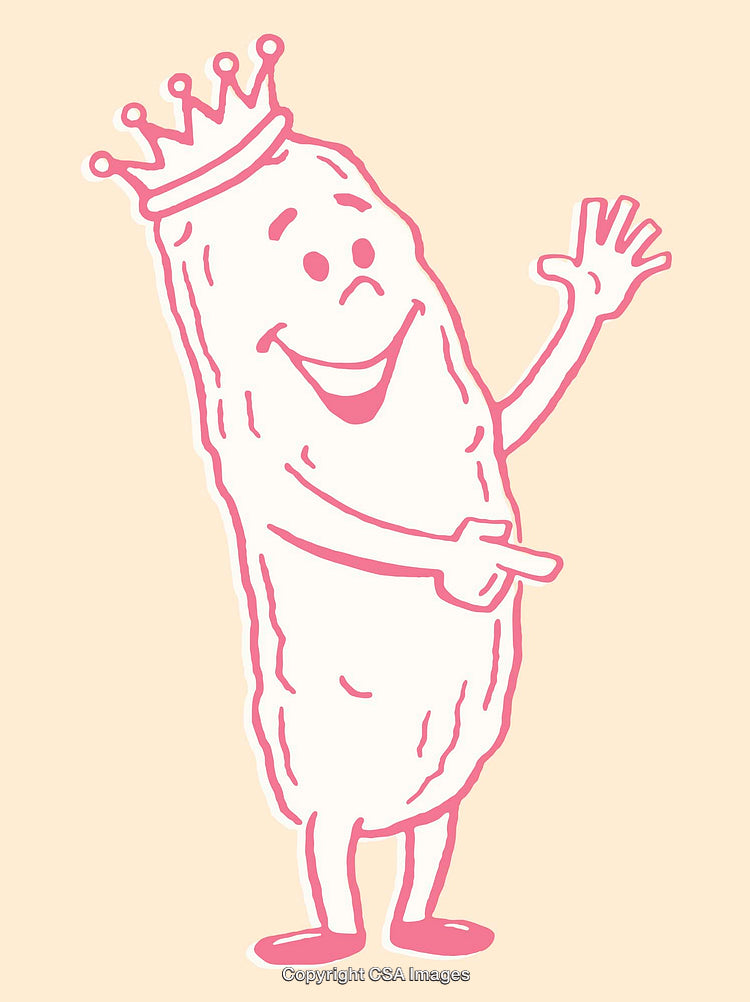Cute Pink Pickle Cartoon Character Wearing a Crown Waving and Pointing