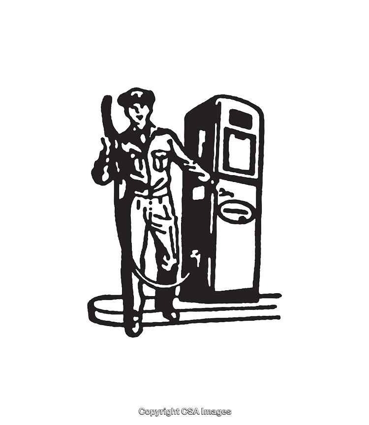 Vintage Line Art of Gas Station Attendant and Fuel Pump Scene