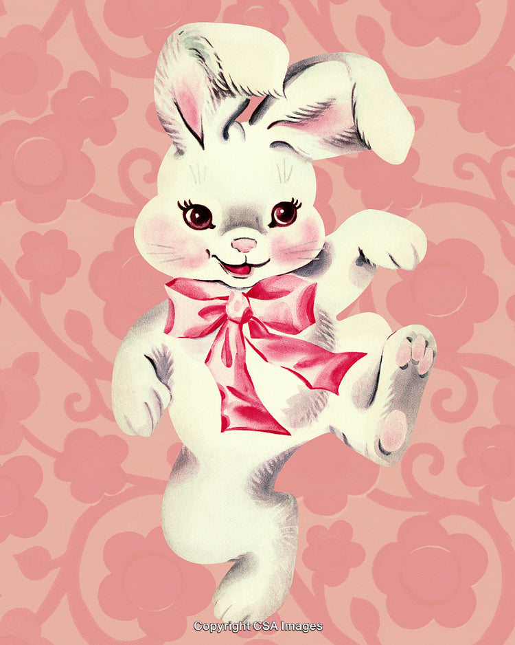 Adorable Cartoon Bunny with Pink Ribbon on Patterned Background