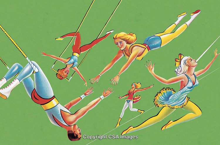 Colorful Trapeze Artists Performing Aerial Acrobatics Against a Vibrant Background