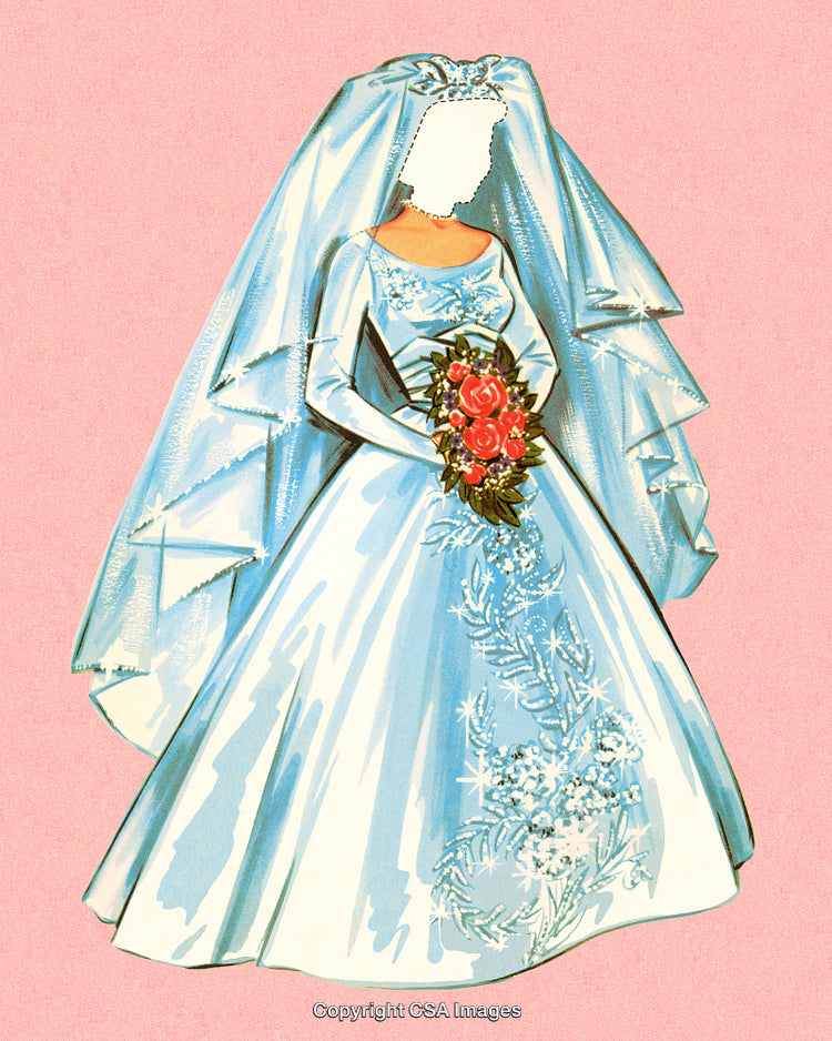 Elegant Vintage Wedding Dress Illustration with Veil and Bridal Bouquet