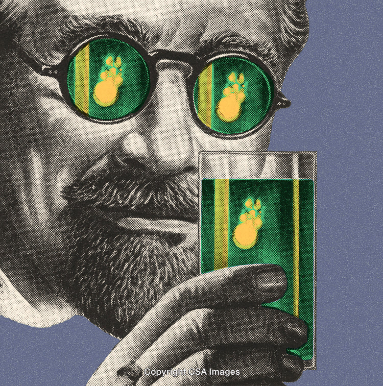 Vintage Artwork of a Man Holding a Green Drink with Vibrant Imagery