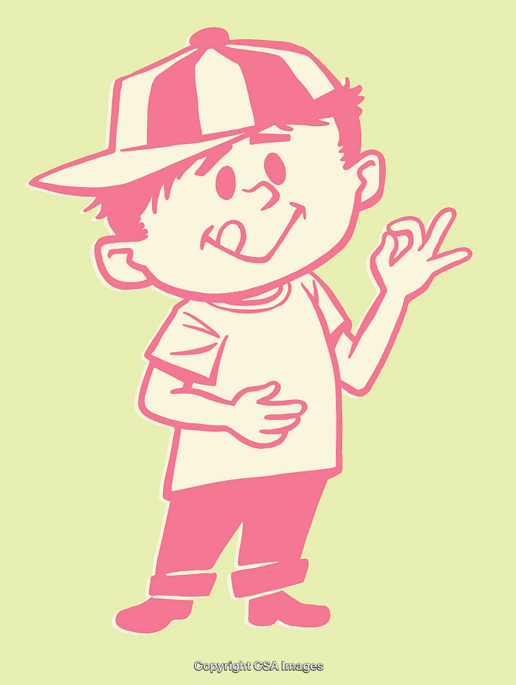 Cheerful Cartoon Boy Displaying Fun Hand Gesture in Colorful Line Art Style