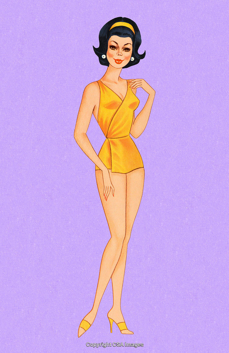 Vintage Illustration of a Glamorous Woman in a Yellow Outfit on Purple Background