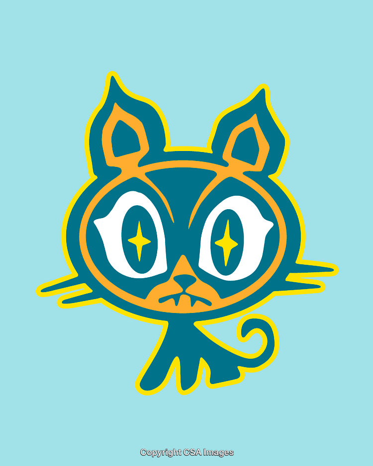 Colorful Cartoon Cat Illustration with Starry Eyes on a Light Blue Background