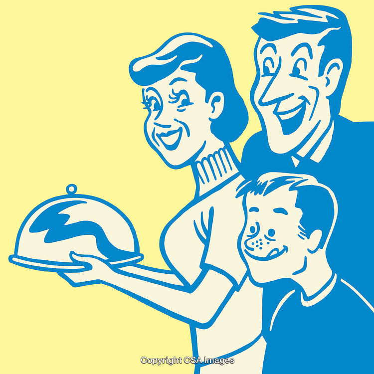 Retro Style Family Illustration Featuring Dinner and Smiling Faces