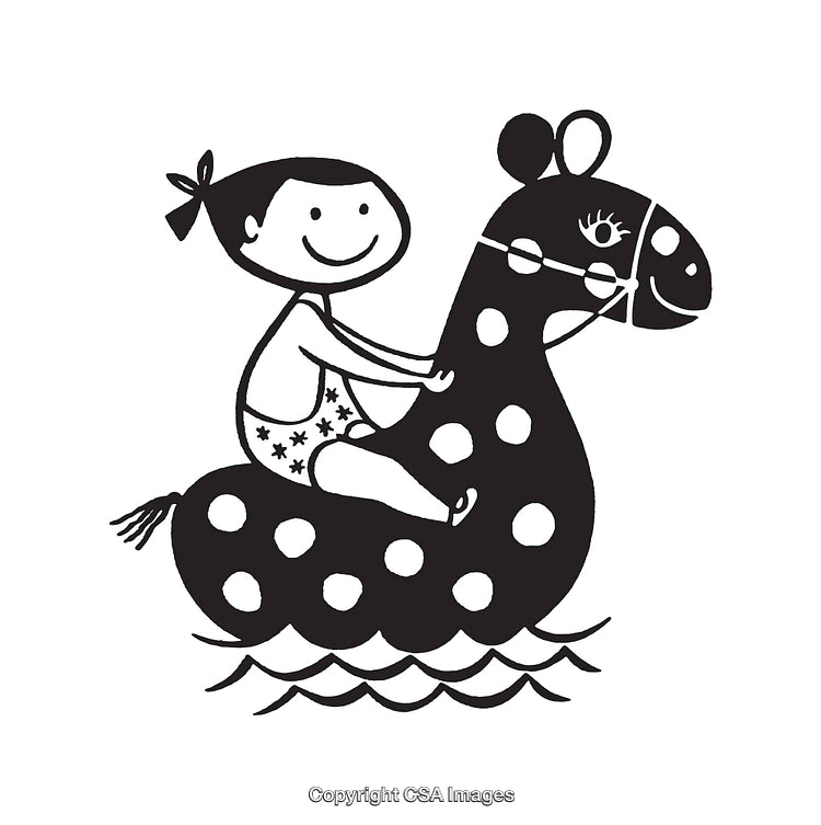 Child Riding a Polka-Dot Animal Float Black and White Illustration