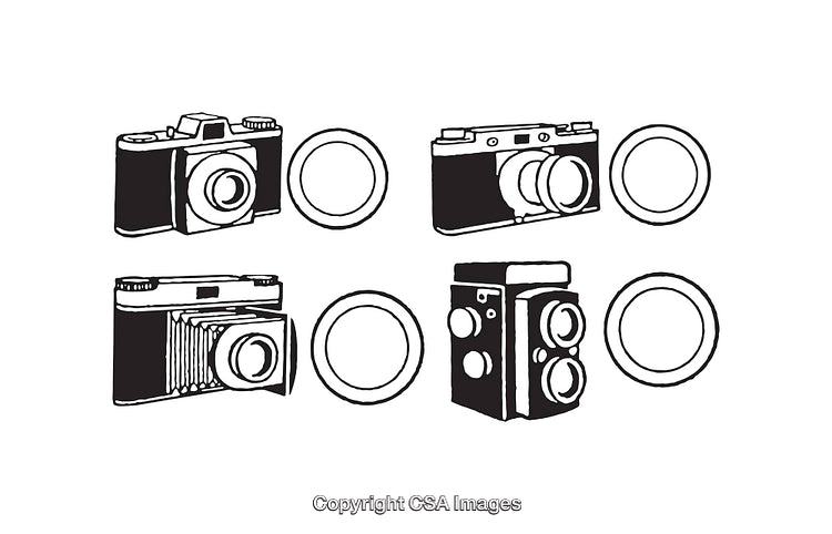 Detailed Black and White Illustrations of Vintage Cameras