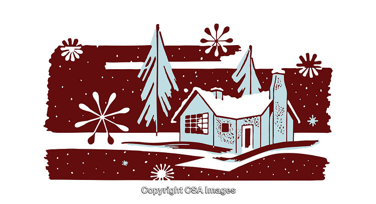Vintage Illustration of a Winter Cabin in a Snowy Scene