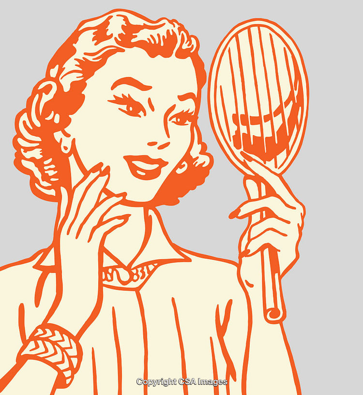 Vintage Style Illustration of Woman Admiring Her Reflection in Mirror