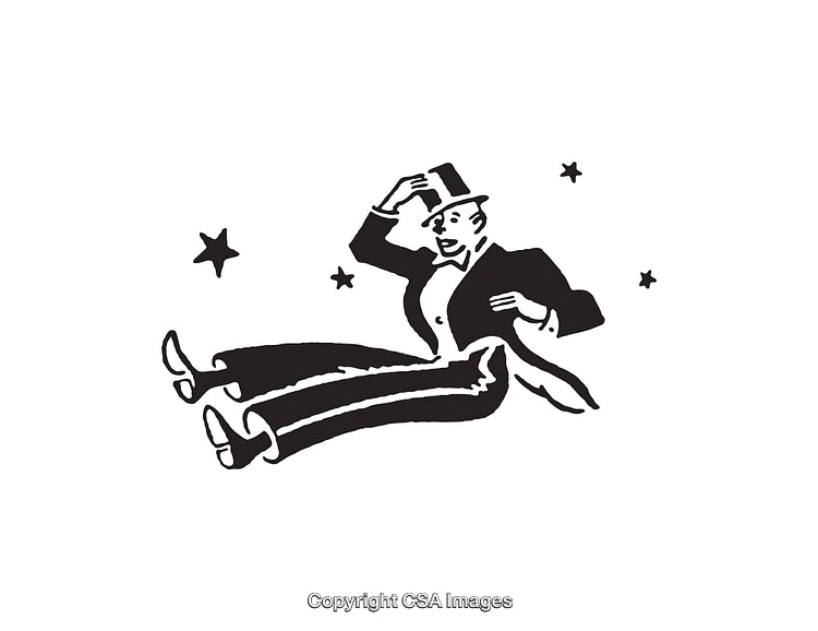 Black and White Illustration of a Man Falling with a Hat