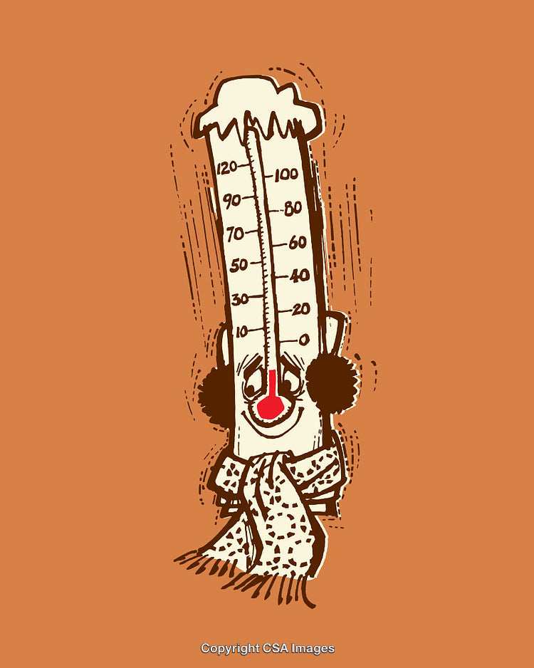 Cartoon Thermometer Character Dressed for Winter in Scarves and Earmuffs