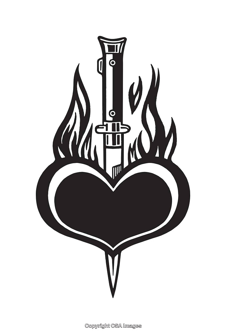 Flaming Heart With Knife Black And White Line Art Illustration