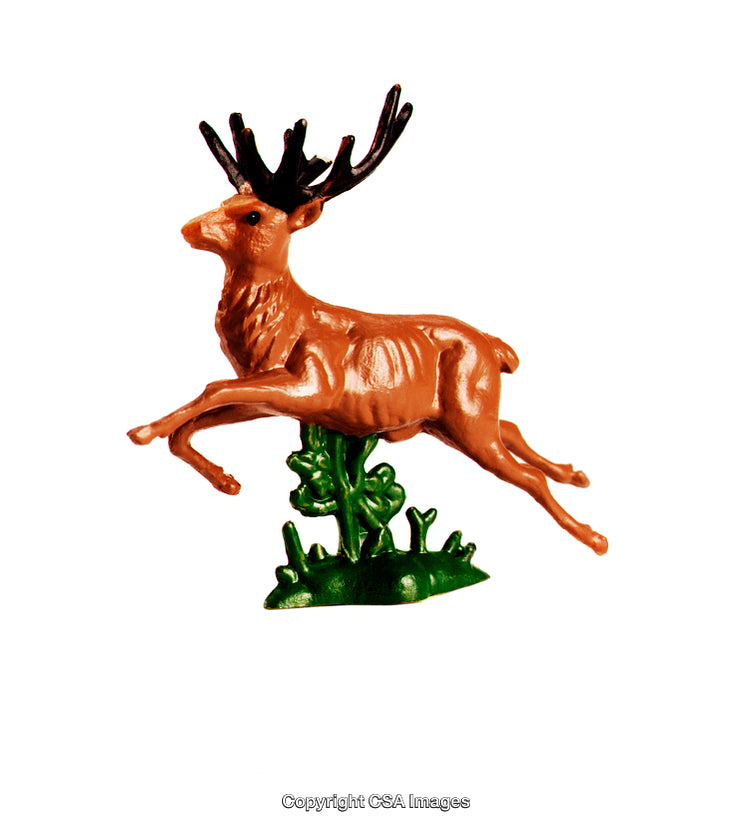 Plastic Toy Deer Figure with Antlers on Green Base