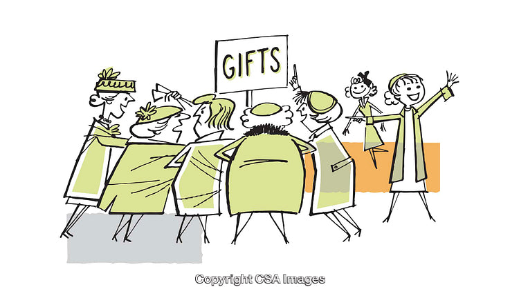 Group of People Shopping for Gifts in a Colorful Illustration