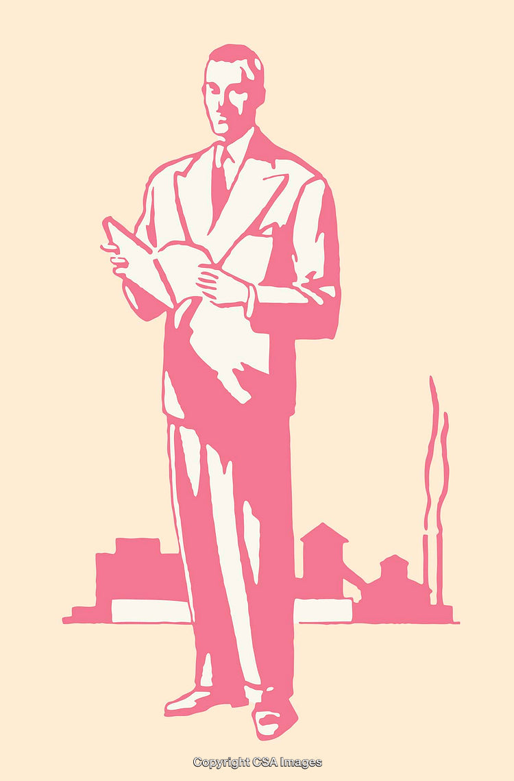 Vintage Style Illustrated Businessman Holding Documents with Urban Background