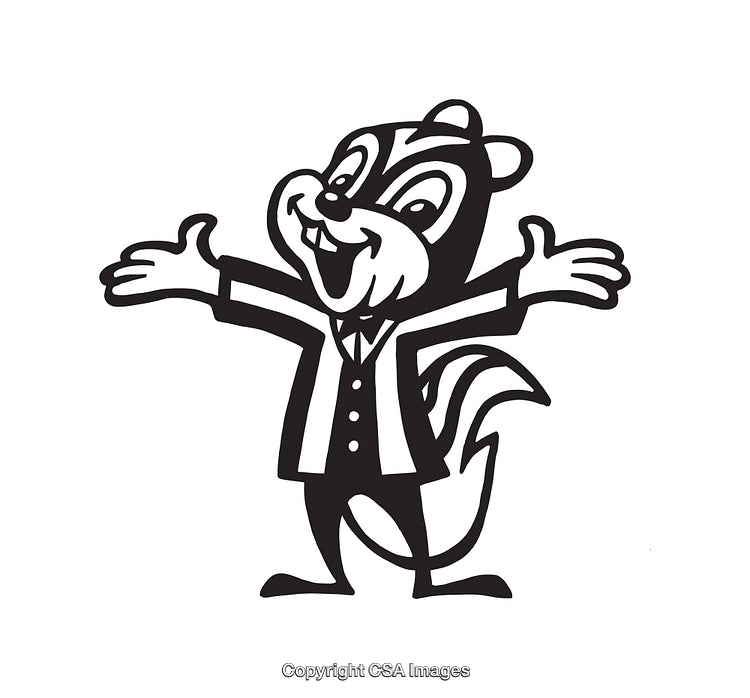 Black and White Illustration of a Smiling Cartoon Animal in Formal Attire