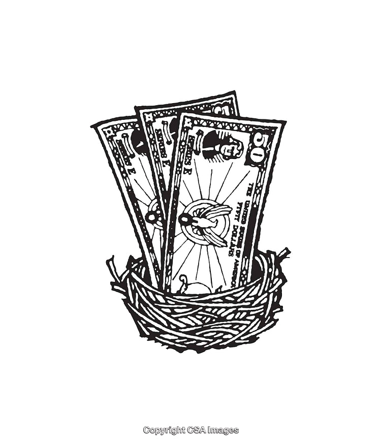 Illustrated Nest Filled with Currency Bills Representing Savings or Retirement Fund