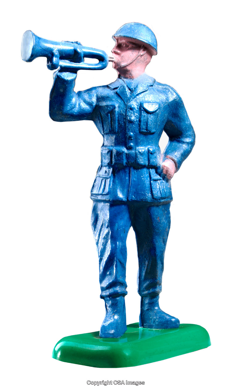Blue Plastic Toy Soldier Figurine Playing a Bugle on a Green Base
