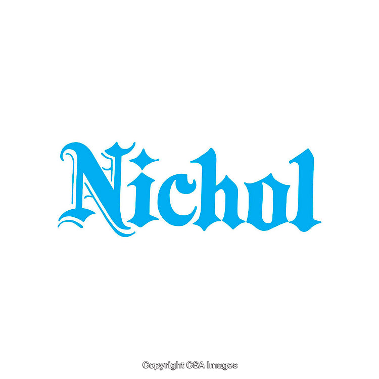 Blue Gothic Style Typography of The Word Nichol on White Background