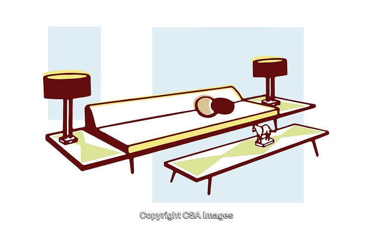 Stylized Illustration of Modern Sofa with Lamps on Contemporary Coffee Tables