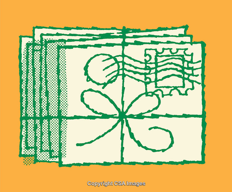 Artistic Line Drawing of Parcel with Stamp in Green and Orange