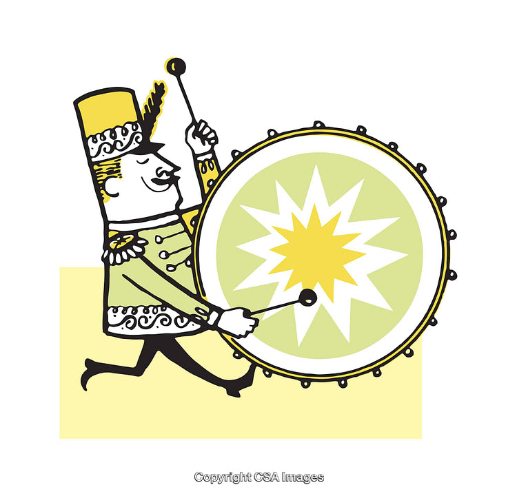Cheerful Marching Band Member Playing Large Drum in Colorful Cartoon Illustration