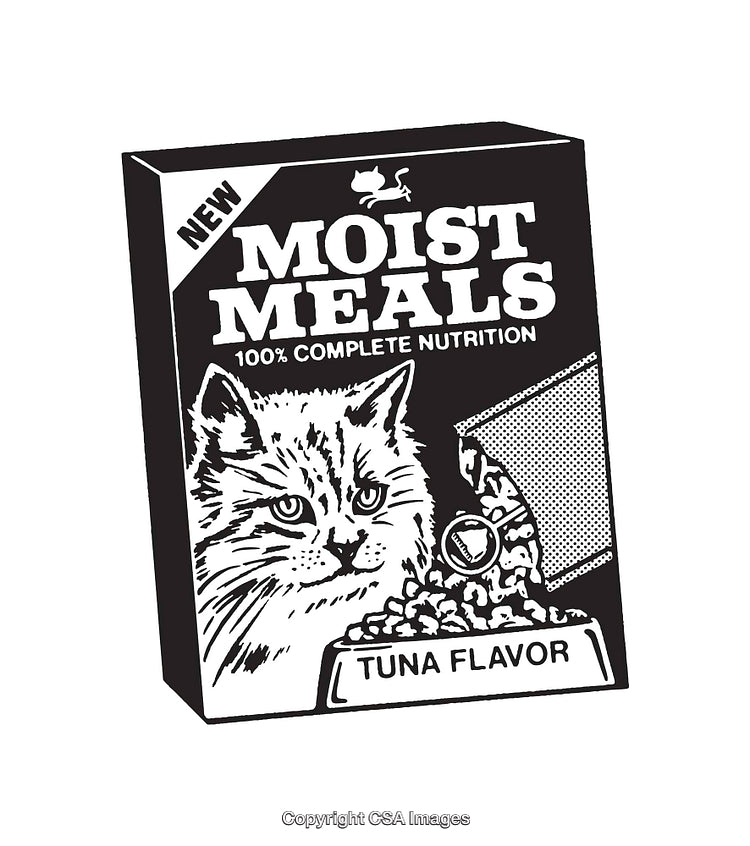 Black and White Line Art Illustration of Tuna Flavored Cat Food Packaging