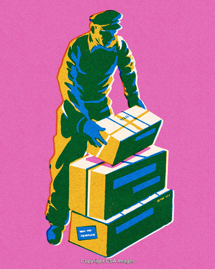 Colorful Illustration of Worker Arranging Boxes on a Bright Background