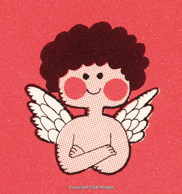 Adorable Cartoon Angel with Wings and Cheerful Expression on Red Background