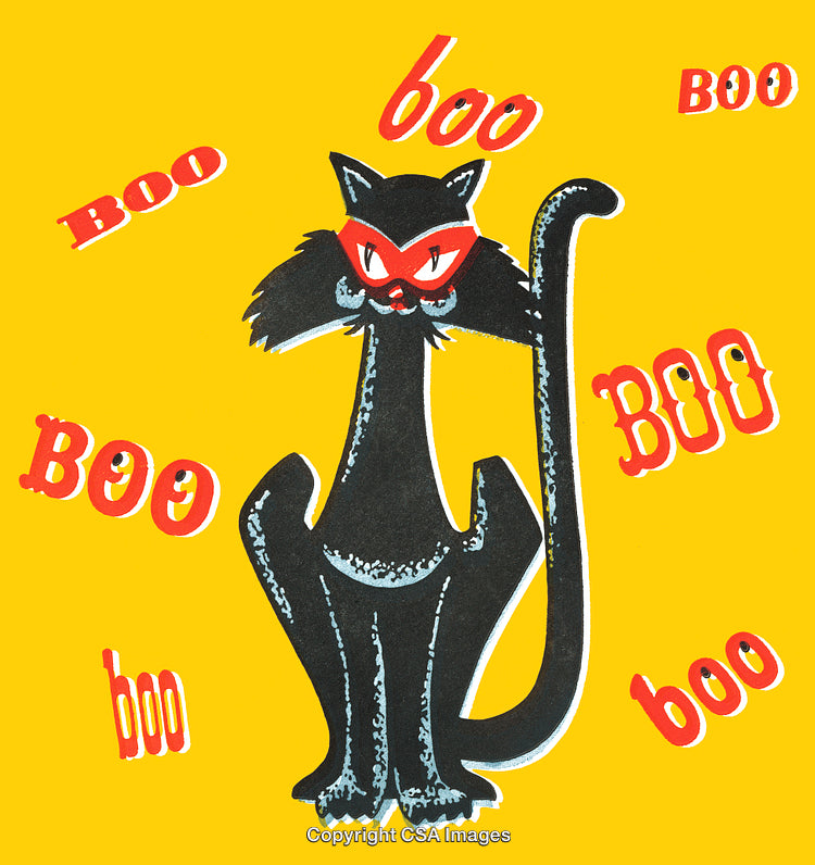 Retro Illustration of a Black Cat with Boo Text on Yellow Background