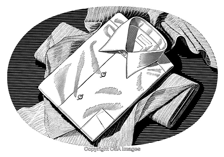 Detailed Black and White Engraving of Folded Shirt with Textile