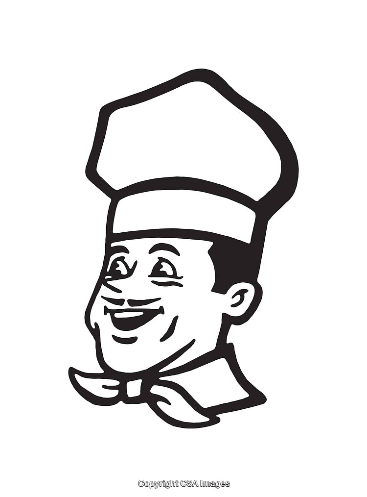 Black and White Line Art Illustration of a Cheerful Chef Character