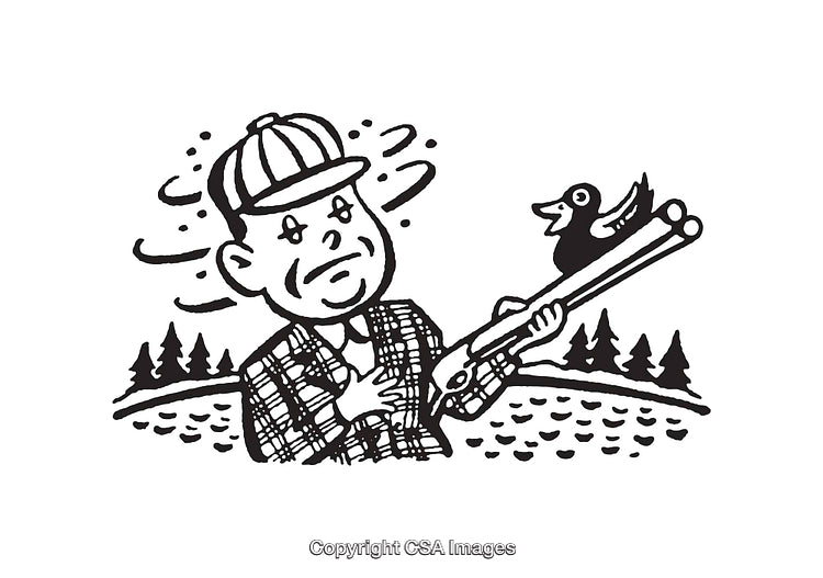 Black-and-White Illustration of a Hunter and a Duck in Nature