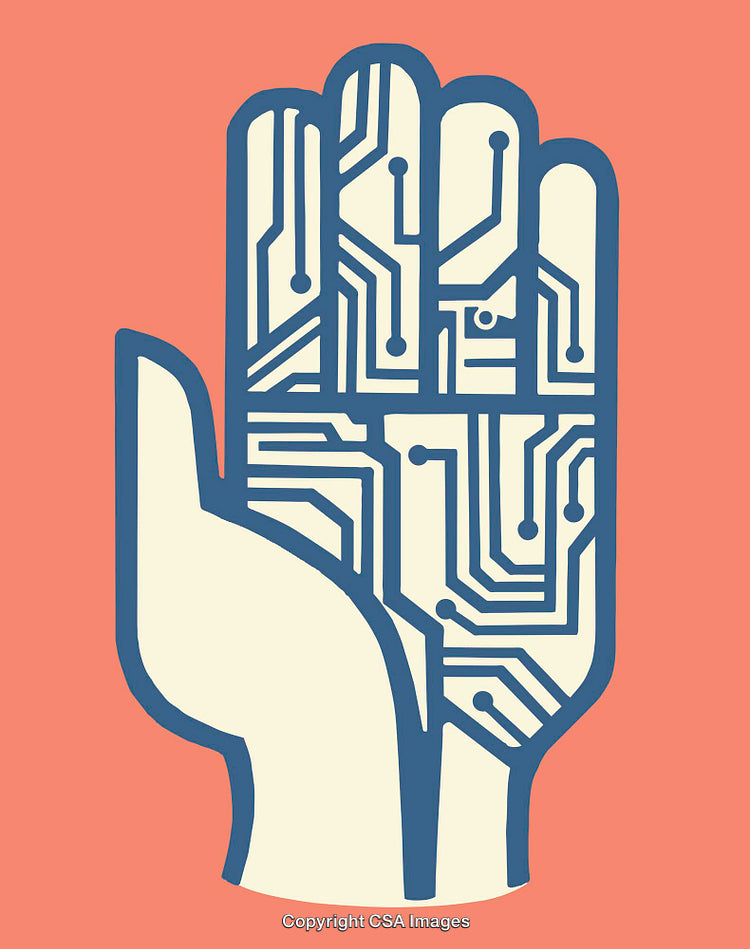 Illustrative Design of a Hand with Circuitry Elements on Coral Background
