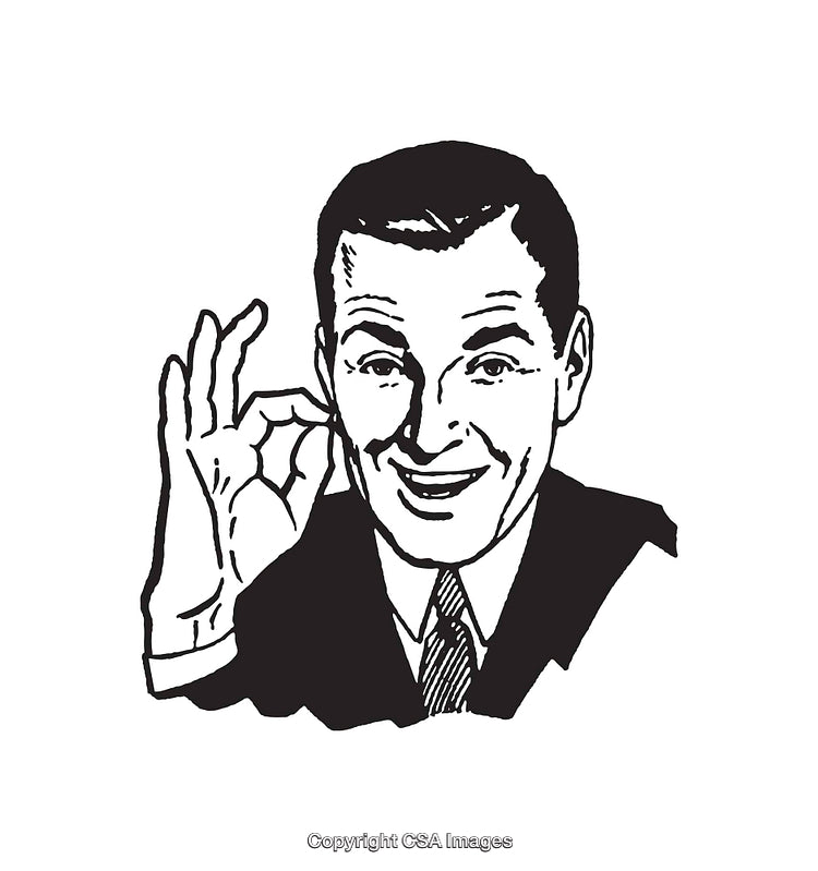 Retro Black And White Illustration of Smiling Businessman Gesturing Okay