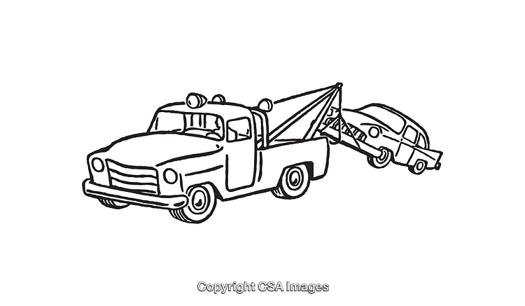 Tow Truck and Vehicle in Black and White Line Art Illustration