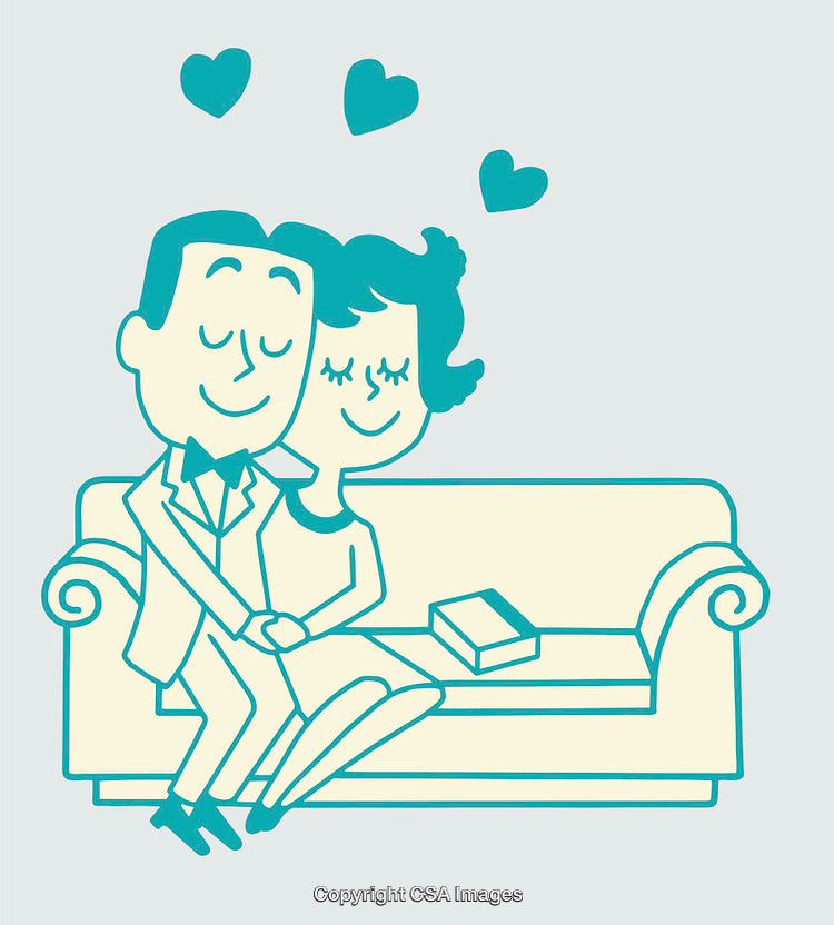 Romantic Couple Embracing on a Couch in Vintage Style Illustration