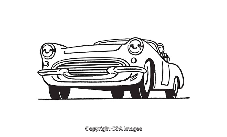 Retro Convertible Car Line Art Illustration in Black and White Style