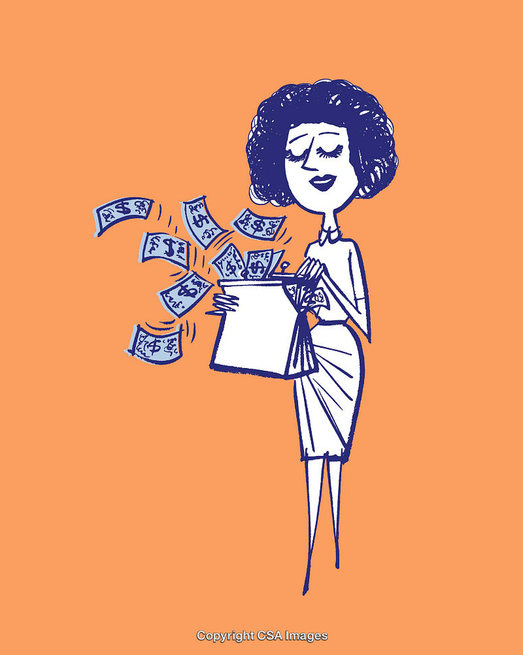 Stylized Illustration of Woman Celebrating Wealth With Playful Financial Themes