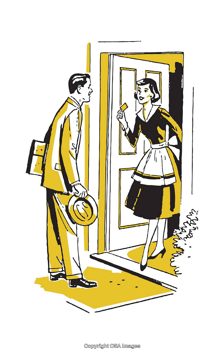 Retro Illustration of a Doorstep Interaction Between a Man and Woman