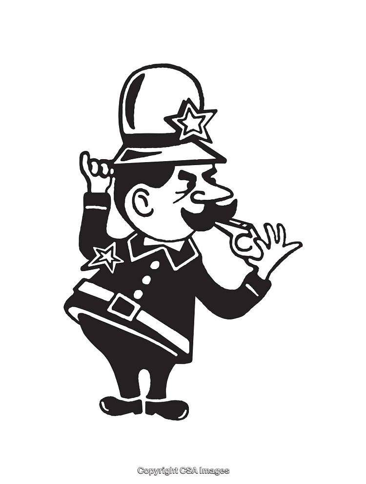 Black and White Line Art Illustration of a Cartoon Policeman with Whistle