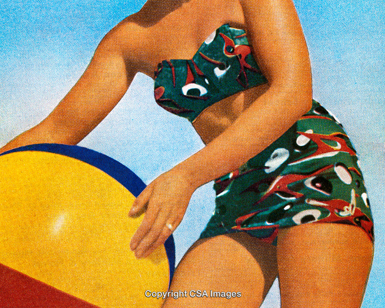 Vintage Illustration of Summer Fun With Beach Ball and Retro Swimwear