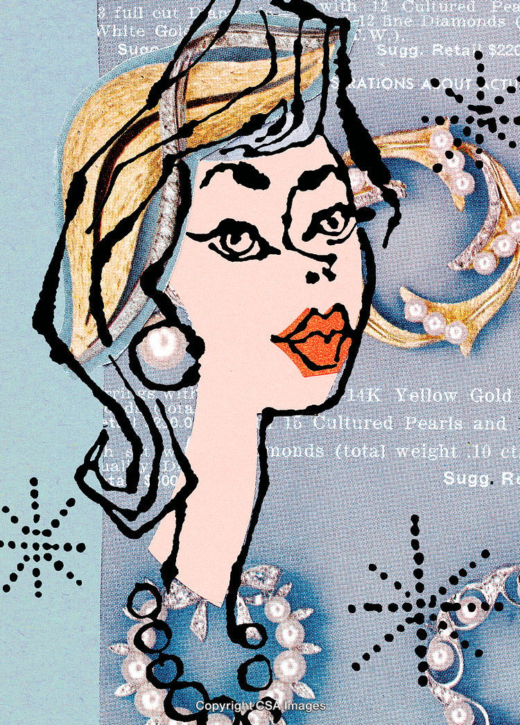 Artistic Illustration of a Woman Overlaid with Jewelry and Text Elements