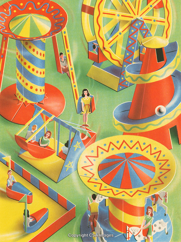 Colorful Vintage Style Carnival Rides with Illustrations of Joyful People