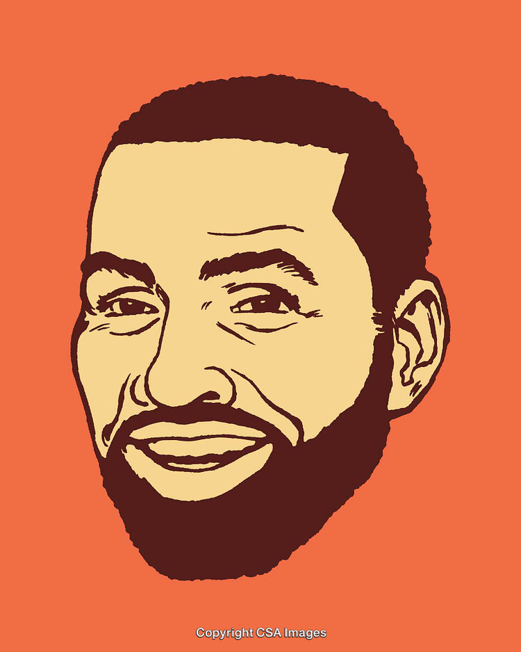 Bold Line Art Illustration of a Smiling Bearded Male on Orange Background