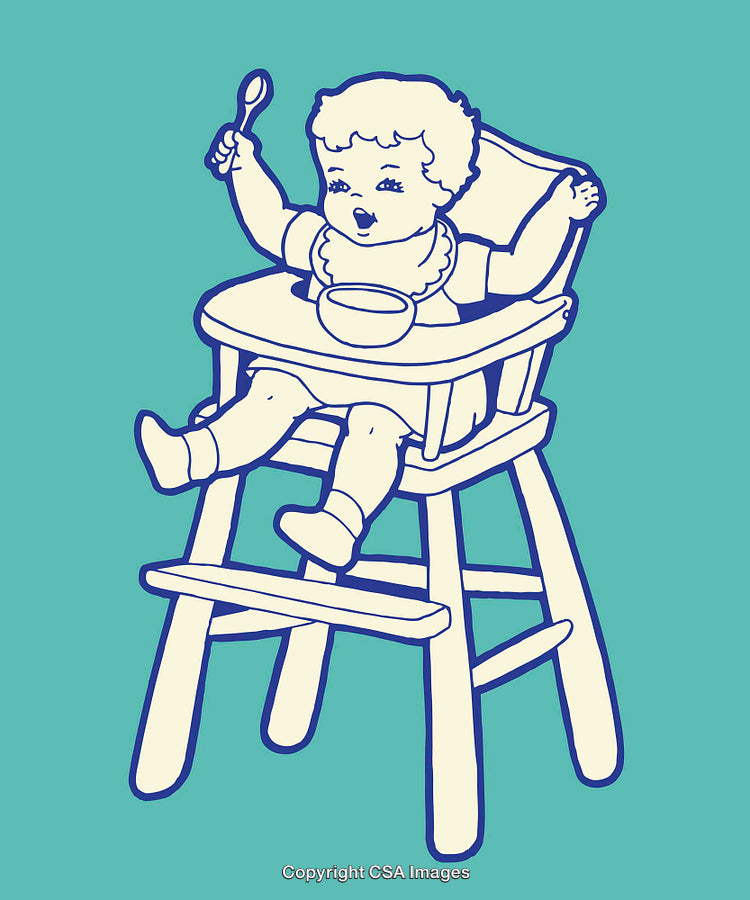 Adorable Baby Illustration Sitting in High Chair with Spoon and Bowl