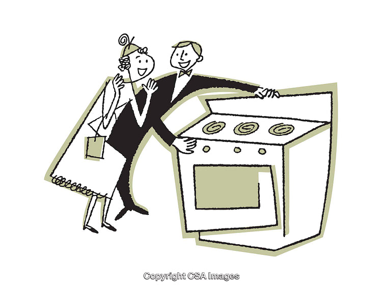 Retro Illustration of Couple Admiring Stove With Playful Expressions