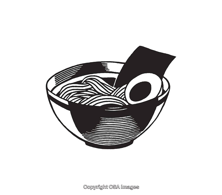 Black and White Illustration of Japanese Ramen Noodle Bowl With Toppings