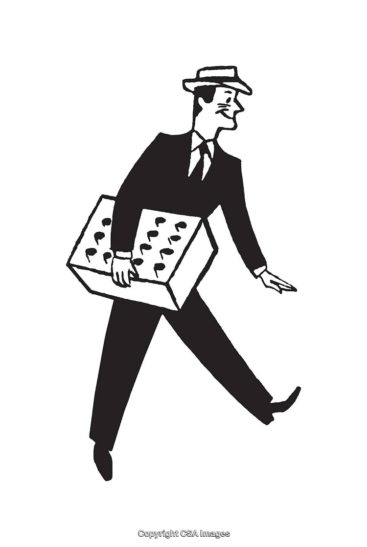 Vintage Black and White Illustration of a Man Carrying a Box
